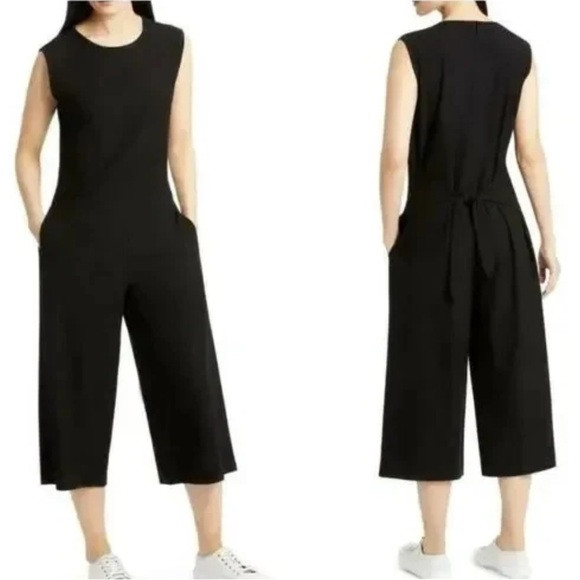 Eileen Fisher Pants - Eileen Fisher Black Wide Leg Sleeveless Crepe Jumpsuit Large Minimalist